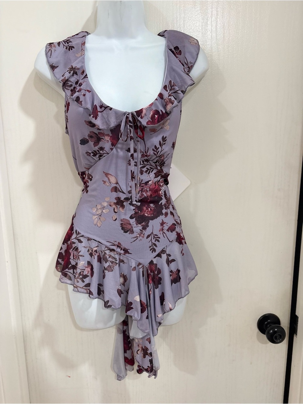 Lavender Floral Ruffle Tie-Neck Tunic